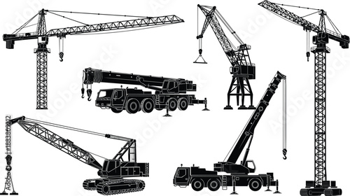 Construction Crane Silhouettes Set Featuring Tower, Mobile, and Crawler Cranes, Black Vector Illustration for Heavy Equipment, Engineering, and Building Industry Concepts