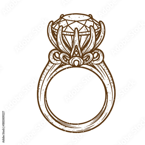 Drawing Vintage grunge  texture engraved illustration of a diamond ring with ornate details on band  jewelry design