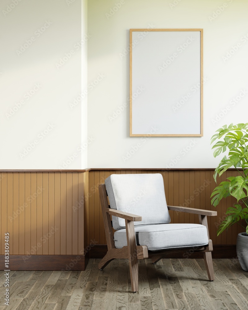 Fototapeta premium Vertical frame mock up in living room interior with armchair, 3d rendering 