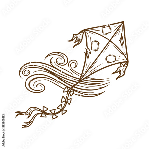 Drawing Vintage grunge  texture Brown kite with decorative tail flying in the air  recreational outdoor toy for kids and adults  hobby and leisure activity