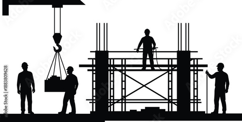 Construction Site Silhouette with Workers, Crane Hook, and Scaffolding Structure, Black Illustration for Building, Engineering, Safety, and Industrial Workforce Concepts