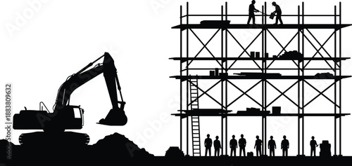 Construction site silhouettes with excavator and workers on scaffolding, industrial building framework, heavy machinery and labor teamwork scene isolated on white background