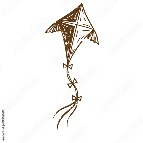 Drawing Vintage grunge  texture Brown kite with ribbons on white background  flying object with tail streamers