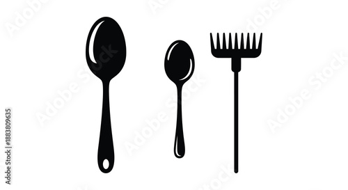 a striking black and white illustration displaying spoons and a rake rendered beautifully as a silhouette