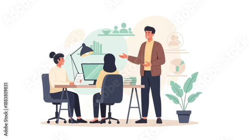 Business meeting illustration: team collaboration, office environment, modern flat design