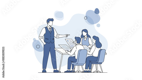 Business meeting illustration: team collaboration, presentation, and leadership