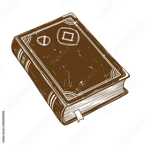 Drawing Vintage grunge  texture illustration of a brown leatherbound book with white outlines and a ribbon bookmark on a white background