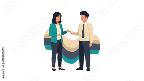 Business meeting illustration: two colleagues discussing ideas with abstract background
