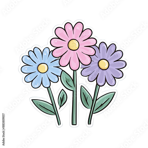 Charming cartoon flowers in pastel shades with green stems and leaves