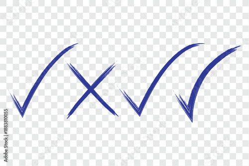 Check tick mark icon set. Cross box x check mark checkbox list vector draw hand drawn sketch doodle brush marker checklist symbol wrong right circle. hand drawn, grunge X sign. hand drawn tick mark.