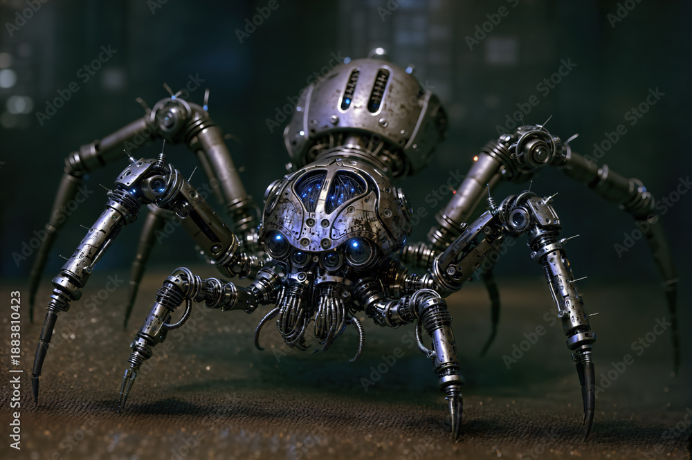 Fototapeta premium Futuristic metal spider robot with exposed working hardware inside its head