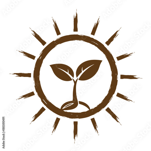 Drawing Vintage grunge  texture Brown plant sprout growing in circle with sun rays isolated on white background