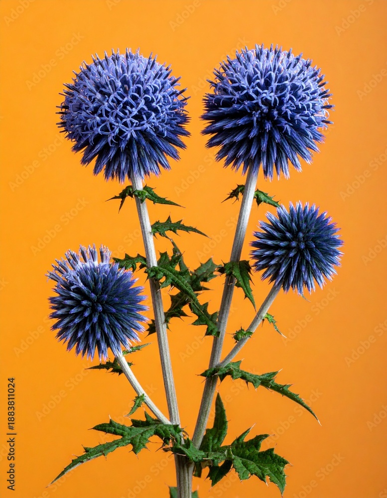 Obraz premium Vibrant Blue Globe Thistles Against a Striking Orange Background.