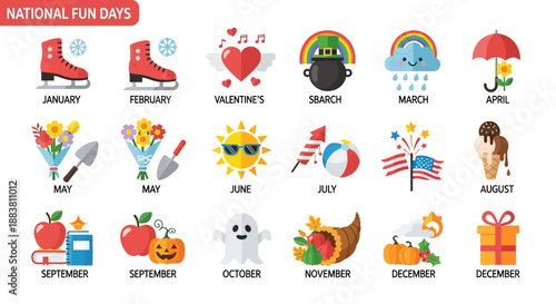 Flat lay of a National Fun Days Set with vector illustrations and icons representing various American holidays and celebrations throughout the year against a clean white background.