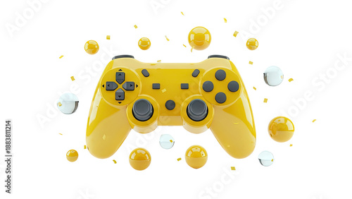 Yellow Gaming Controller with Confetti and Spheres
