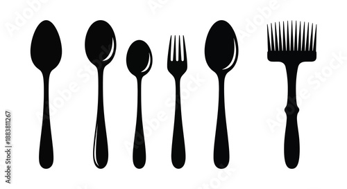 a collection of kitchen utensils including spoons and a fork presented as a striking black silhouette