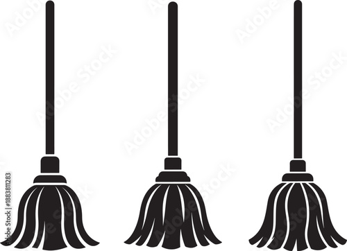 Silhouette of brooms for cleaning on white background