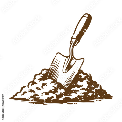 Drawing Vintage grunge  texture Brown shovel stuck in a pile of dirt on white background  gardening tool for digging and moving soil