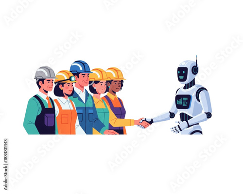 AI Robot Shaking Hands with Construction Workers. Human and artificial intelligence partnership. Future industrial collaboration and automation agreement flat vector illustration.