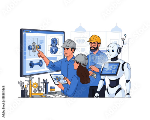 AI Mechanical Engineering Design. Robot and engineers analyzing 3D machine part blueprint on digital screen. Industry 4.0 automation and future technology concept flat vector illustration.