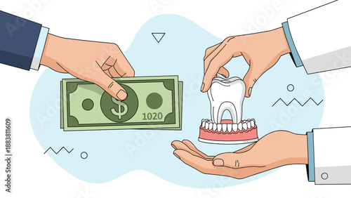 Hand giving cash payment to a dentist in exchange for dental treatment or a tooth implant model in a flat vector style medical concept.