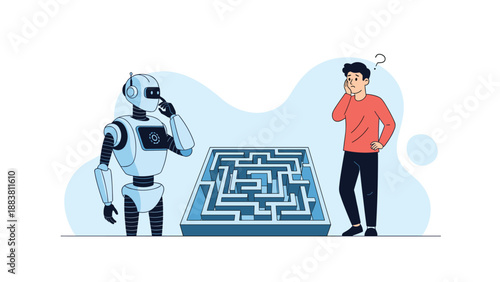 Conceptual illustration showing a human and a robot studying a complex maze together to find a solution using artificial intelligence.