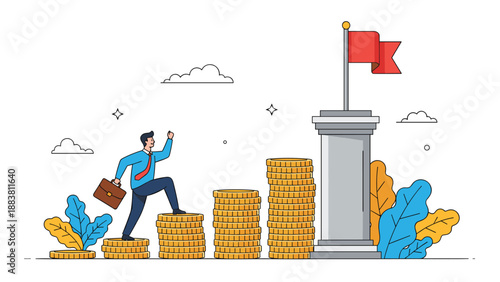 Ambitious businessman climbing a staircase made of gold coins to reach a red flag on a high pedestal symbolizing financial success.