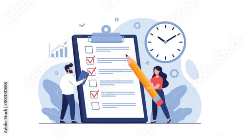 Two office workers using a giant pencil to check off completed tasks on a large clipboard with a clock and progress charts behind them.