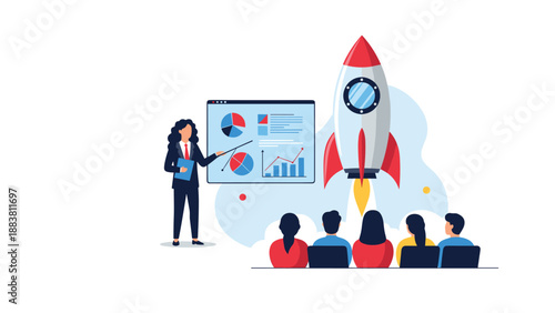 Business woman giving a presentation to a group of people about a startup launch represented by a rocket taking off from the ground.