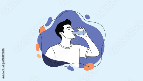 Young man drinking a refreshing glass of water against a stylized blue and orange background representing health and hydration habits.