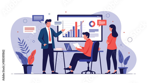 Business team analyzing growth charts and statistics on a large screen during a strategic planning session in a modern office interior.