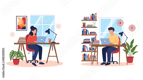 Man and woman working at separate desks with laptops in a home office or co-working space decorated with books, plants, and windows.