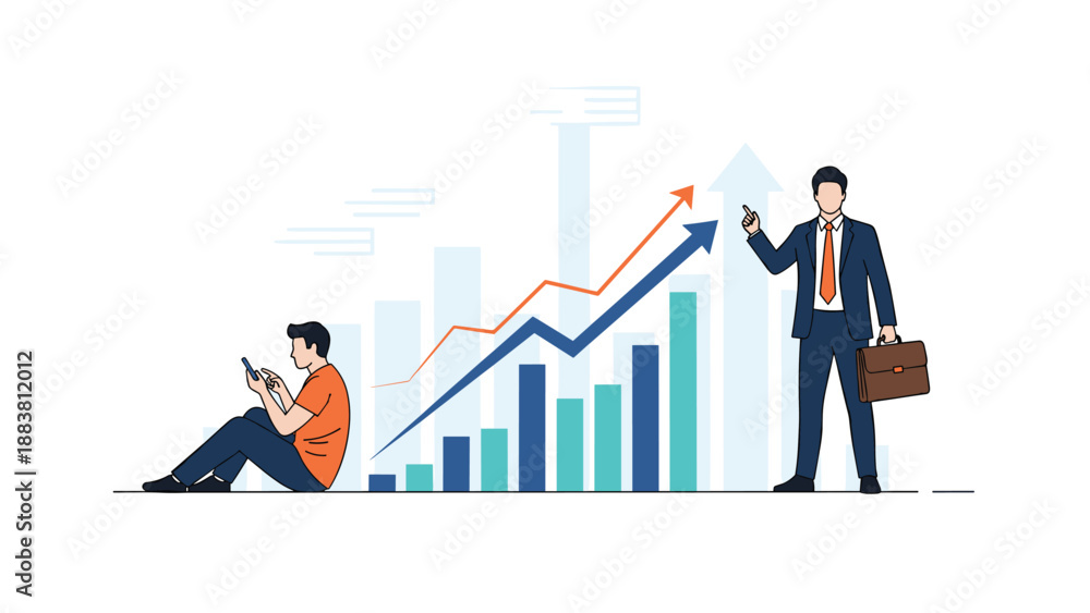 Fototapeta premium Businessman standing by a growth chart while another man sits on the floor using a phone representing different career levels or states.
