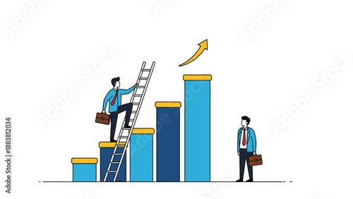 Ambitious professional climbing a career ladder on a rising growth chart to reach new levels of business success and corporate heights.