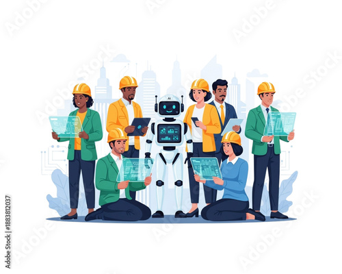 Diverse team of engineers and architects working with AI robot in smart city. Construction professionals using digital tablets and holographic screens. Future technology concept. Flat vector.