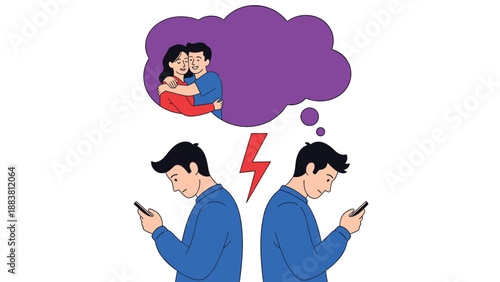 Couple suffering from smartphone addiction and lack of communication while longing for real human connection and past happy memories.