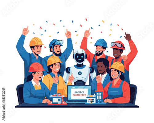 Successful construction team and AI robot celebrating project completion. Happy engineers and workers cheering with confetti. Future teamwork concept. Flat vector illustration.