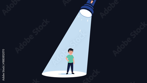 Young boy standing confidently in a bright spotlight against a dark background representing fame, talent, or being the center of attention.