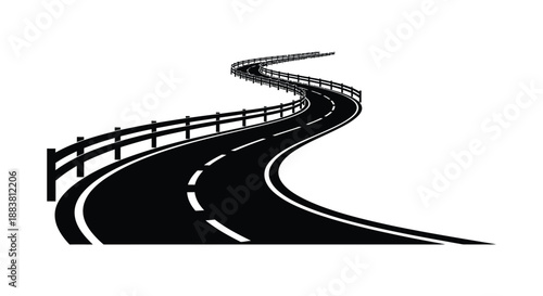 a winding road with a railing depicted in black and white showcasing a scenic route silhouette