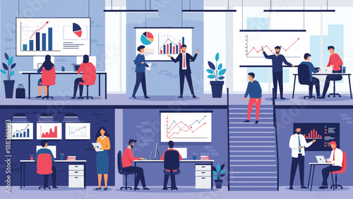 Diverse team of professionals working in a modern multi level open plan office on data analysis and business strategy projects.