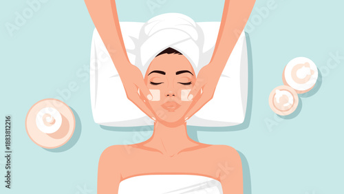 Relaxed woman enjoying a professional facial beauty treatment at a spa for skin rejuvenation and healthy wellness care.