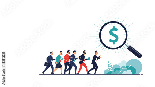 Ambitious professionals racing toward a large magnifying glass with a dollar symbol to represent a search for financial success.