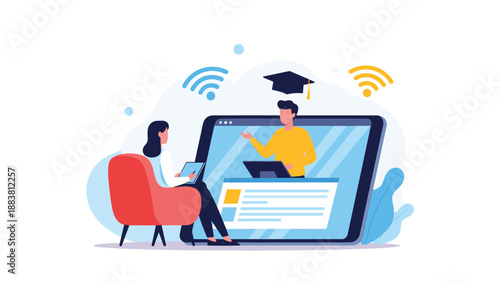 Student sitting in a comfortable chair while attending an interactive online education session with a virtual teacher on a tablet.