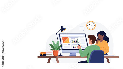 Diverse business team analyzing market trends and statistical data on a computer screen to optimize their corporate project strategy.