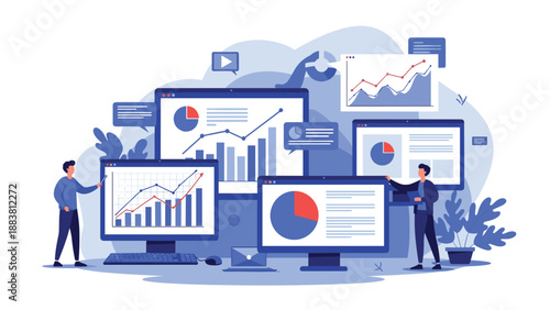 Business analysts examining a comprehensive dashboard of financial charts and performance metrics to drive data driven decisions.