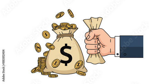 Wealthy businessman managing financial resources while coins spill out of a large money bag representing profit and abundance.