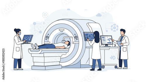 Advanced medical diagnostic team operating an MRI scanner to perform a detailed health examination of a patient in a hospital.