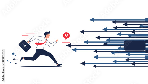 Stressed businessman running to avoid a barrage of incoming arrows representing corporate pressure and competitive challenges.