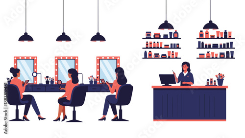 Busy beauty salon with professional makeup artists providing aesthetic services and a retail counter for cosmetic products.