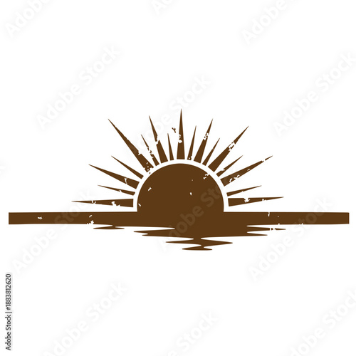 Drawing Vintage grunge  texture brown sun rising over water with rays and reflection on horizon line  serene natural scenery